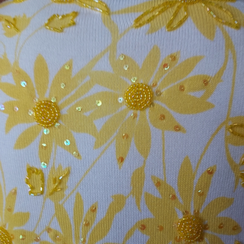 Beaded & Embroidered Yellow Flowered Cardigan Sweater By Just B. Sz. L. - Picture 7 of 13